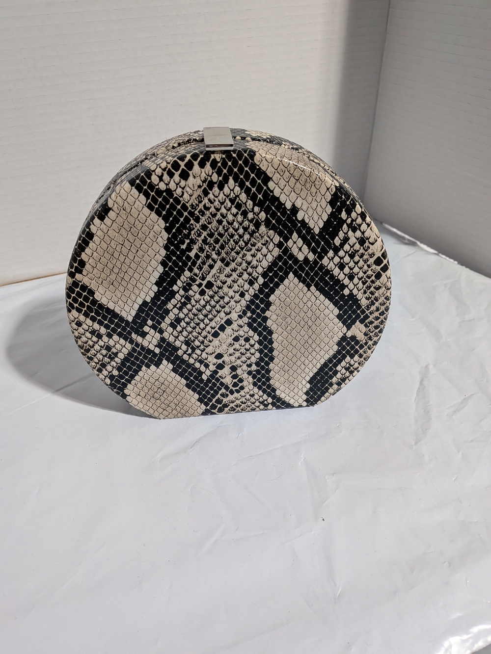 Round Snake-Print Crossbody-Black & Cream